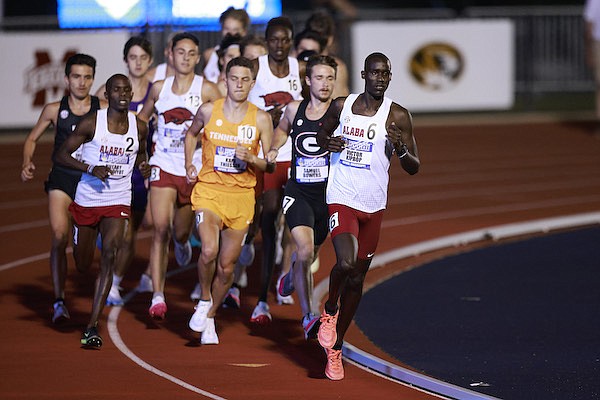 Alabama's Victor Kiprop leads the pack in the men's 10,000 meters during the SEC Outdoor Championships on Thursday, May 12, 2022, in Oxford, Miss. (Photo courtesy University of Alabama Athletics, via SEC Media Portal)