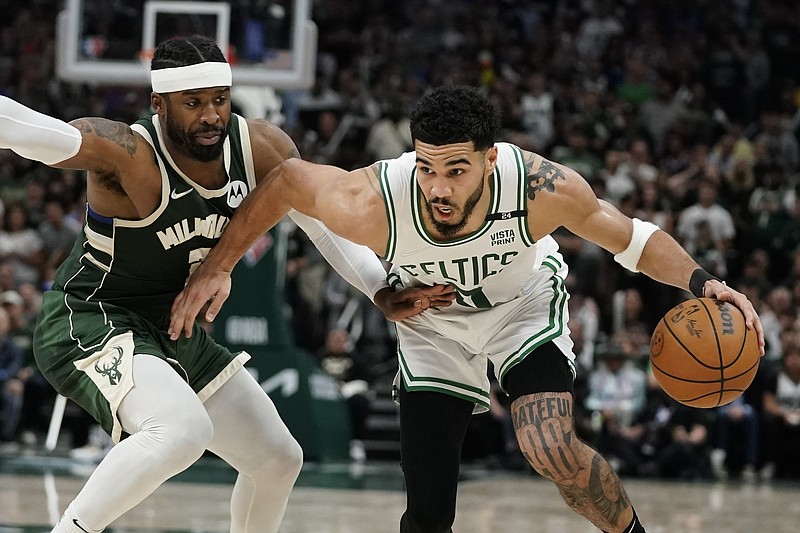 Boston forward Jayson Tatum scored a game-high 46 points to go along with 9 rebounds and 4 assists in the Celtics’ 108-95 victory against the Milwaukee Bucks in Game 6 of the NBA’s Eastern Conference semifinals Friday in Milwaukee. Tatum’s 46 points tied for the second-highest in team history when facing elimination.
(AP/Morry Gash)