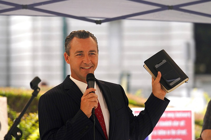 Tony Spell, pastor of the Life Tabernacle Church of Central City, La., speaks to supporters outside the 5th Circuit Court of Appeals in New Orleans in this June 7, 2021 file photo. Spell flaunted Louisiana's coronavirus restrictions in 2020, violating state orders limiting gatherings of people to 10 or fewer to continue to hold church services. (AP/Gerald Herbert)