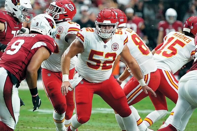 In this Aug. 20, 2021, file photo, Chiefs center Creed Humphrey looks for somebody to block during a preseason game against the Cardinals in Glendale, Ariz. The Chiefs will play at the Cardinals to open the 2022 regular season. (Associated Press)