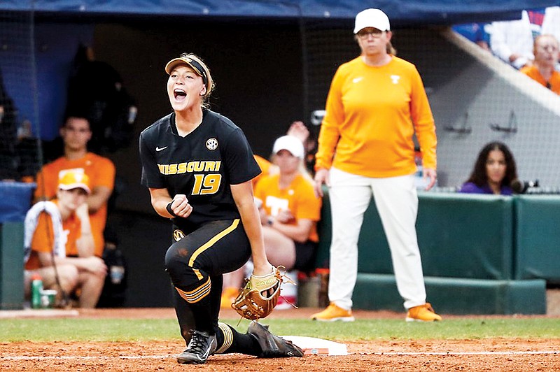 Kara Daly of Missouri starts to celebrate after throwing to first for the final out in Friday's win against Tennessee in the semifinals of the SEC Softball Tournament in Gainesville, Fla. (Hunter Dyke/Mizzou Athletics)