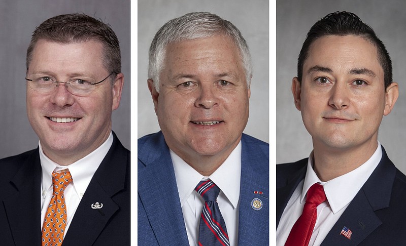 From left, U.S. Rep. Rick Crawford, state Rep. Brandt Smith and attorney Jody Shackelford are shown in this combination photo. The three Republicans are running in the 2022 primary for the 1st Congressional District seat.