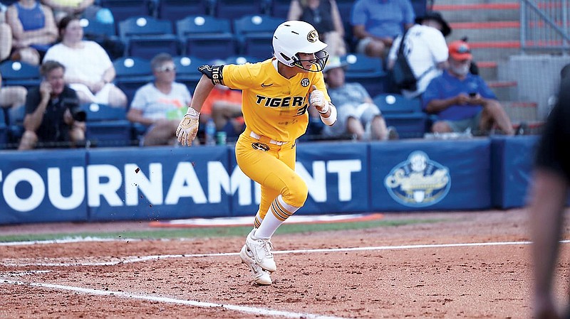 Jenna Laird of Missouri sprints toward first base on a single Saturday during the SEC Softball Tournament title game against Arkansas in Gainesville, Fla. (Hunter Dyke/Mizzou Athletics)