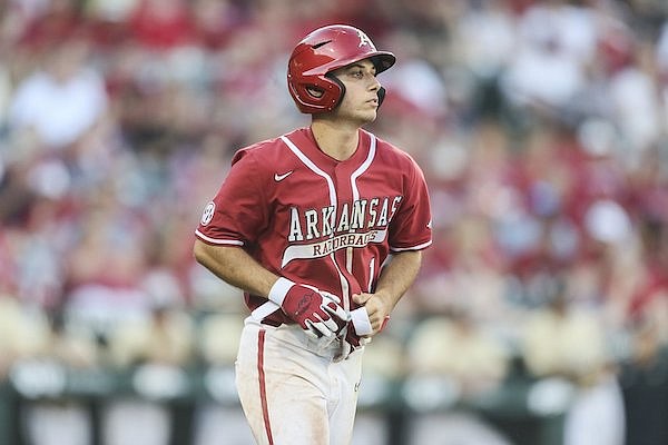 Arkansas second baseman Robert Moore is shown during a game against Vanderbilt on Saturday, May 14, 2022, in Fayetteville.