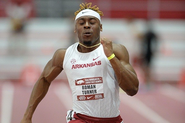 Arkansas' Roman Turner competes Saturday, Feb. 1, 2020, in the 60 meters during the Razorback Invitational in the Randal Tyson Track Center in Fayetteville.