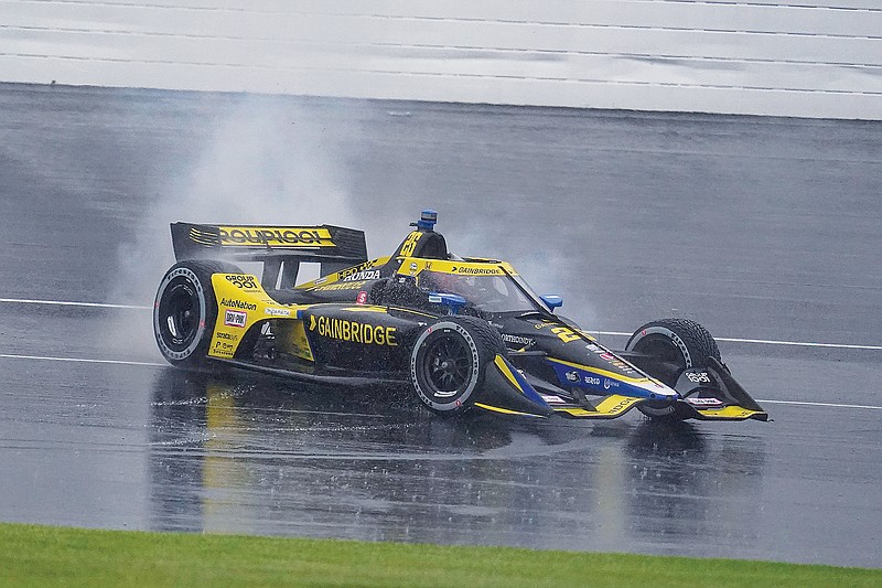 Colton Herta spins his car Saturday after winning the IndyCar Grand Prix at Indianapolis Motor Speedway in Indianapolis. (Associated Press)