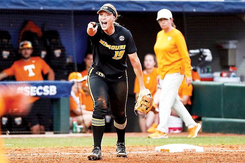 Missouri third baseman Kara Daly celebrates after the Tigers defeated Tennessee 3-0 in Friday’s semifinals of the SEC Tournament in Gainesville, Fla. (Hunter Dyke/Mizzou Athletics)