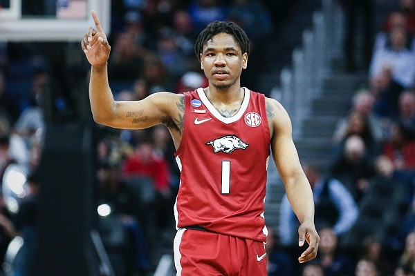 Arkansas guard JD Notae gestures on Thursday, March 24, 2022, during the second half of the Razorbacks' game against Gonzaga in the Sweet 16 of the 2022 NCAA Division I Men's Basketball Championship at Chase Center in San Francisco, Calif. Arkansas guard JD Notae gestures on Thursday, March 24, 2022, during the second half of the Razorbacks' game against Gonzaga in the Sweet 16 of the 2022 NCAA Division I Men's Basketball Championship at Chase Center in San Francisco, Calif.