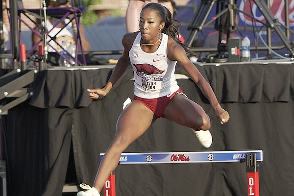 Arkansas' Britton Wilson competes during the SEC Outdoor Track and Field Championships on Saturday, May 14, 2022, in Oxford, Miss.