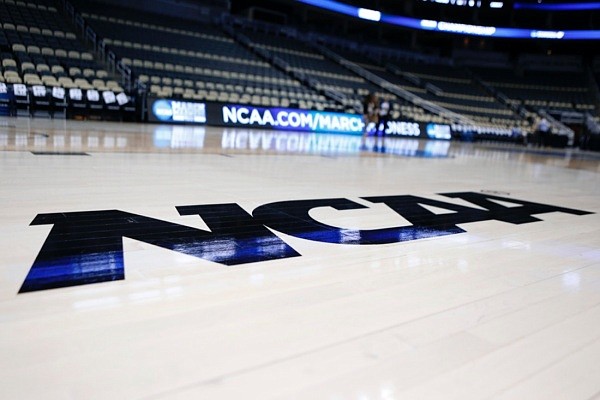 The NCAA logo is on the court at The Consol Energy Center in Pittsburgh.