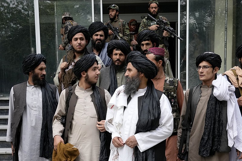 Mullah Abdul Ghani Baradar, acting deputy prime minister of the Afghan Taliban’s caretaker government (center) and other Taliban officials attend a ceremony marking the ninth anniversary of the death of Mullah Mohammad Omar, the late leader and founder of the Taliban, on April 24 in Kabul, Afghanistan.
(AP/Ebrahim Noroozi)