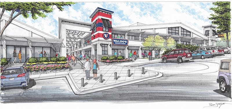 An artist's rendering of a renovated Breckenridge Village in west Little Rock prominently features a Waldo's Chicken & Beer outlet, strongly indicating that it's one of the "at least four restaurants with various cuisines" that the shopping center's new owners plan to open there. (Special to the Democrat-Gazette)