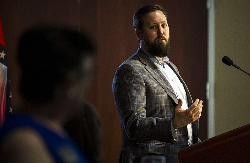 OneHealth founding partner Merritt Dake discusses the purchase of the Heifer International campus Thursday in Little Rock. He predicted the result will be “a great economic engine for the city of Little Rock and the state of Arkansas.”
(Arkansas Democrat-Gazette/Stephen Swofford)