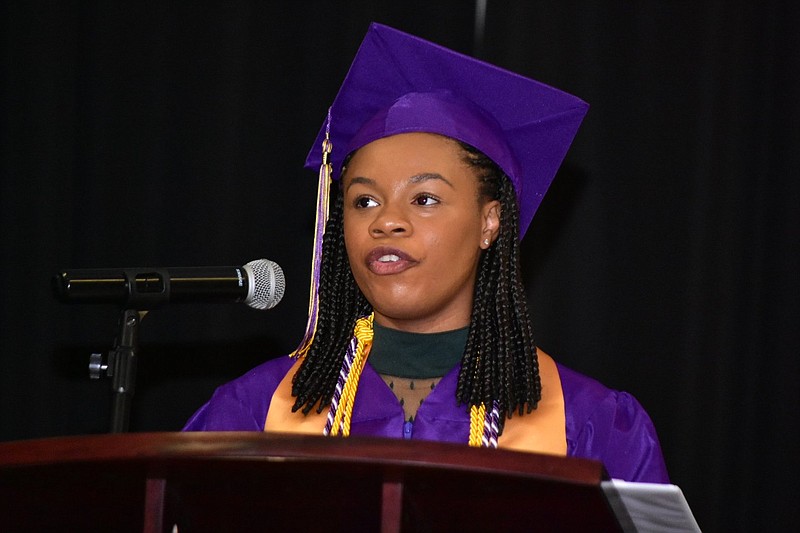 Friendship Aspire Academy Southeast Campus Valedictorian Mikayla Pugh addresses 19 other classmates and those who came to cheer on the class of 2022 during the school’s commencement on Wednesday at the school’s gymnasium on West 73rd Avenue. A photo gallery of Friendship’s graduation is available on PB4. 
(Pine Bluff Commercial/I.C. Murrell)