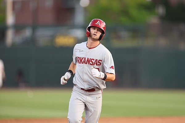 Arkansas first baseman Peyton Stovall runs the bases after hitting a home run during a game against Alabama on Thursday, May 19, 2022, in Tuscaloosa, Ala. (Photo courtesy Alabama Athletics, via SEC Media Portal)