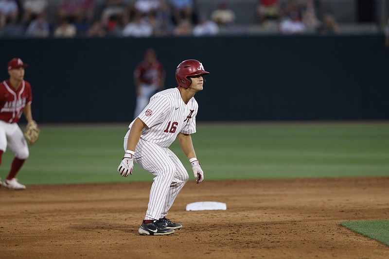 Designated hitter Owen Diodati drove in two runs as part of a six-run fifth inning for Alabama in its 8-6 victory over No. 5 Arkansas on Friday night at Sewell-Thomas Stadium in Tuscaloosa, Ala.
(Alabama Athletics Photography)