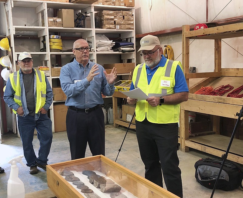 NioCorp Developments CEO Mark Smith talks to a group of investors during a tour in October 2021 about the prospects for a proposed mine the company hopes to build near Elk Creek in southeast Nebraska to extract critical minerals.
(AP/Josh Funk)