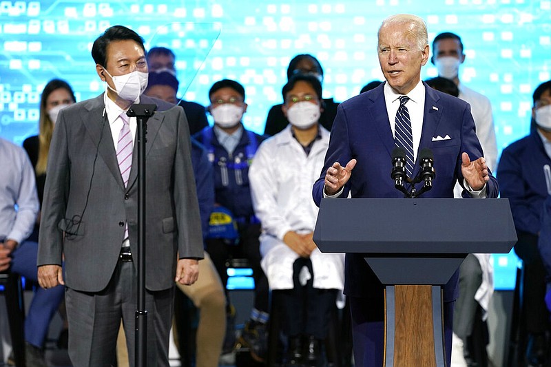 President Joe Biden delivers remarks with South Korean President Yoon Suk Yeol as they visit the Samsung Electronics Pyeongtaek campus, Friday, May 20, 2022, in Pyeongtaek, South Korea. (AP/Evan Vucci