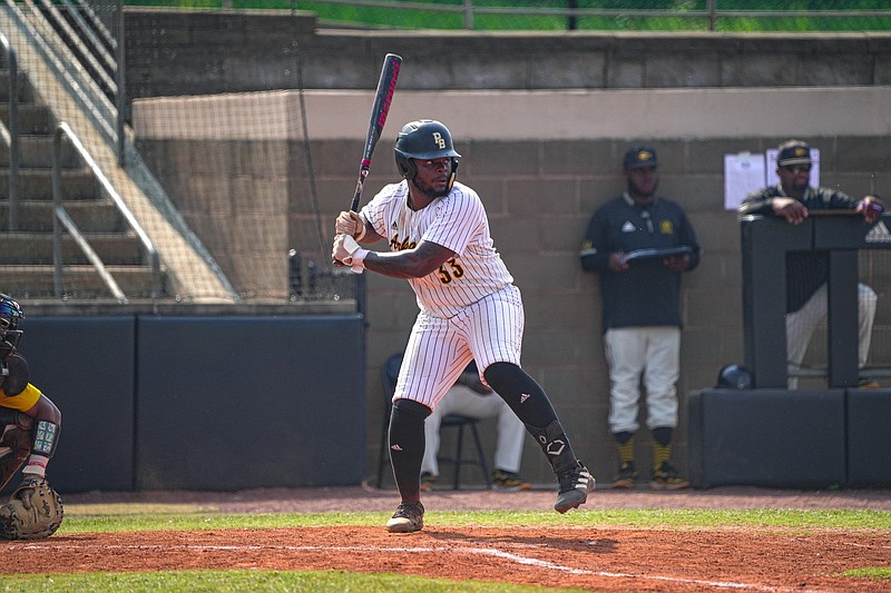 Brandon Simon (33) prepares to launch a three-run home run to deep left to give UAPB an early 3-2 lead. 
(UAPB Athletic Department)