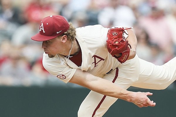 Arkansas pitcher Jaxon Wiggins throws during a game against Vanderbilt on Sunday, May 15, 2022, in Fayetteville.