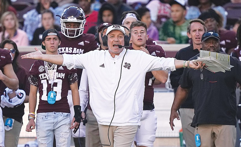 In this Nov. 6, 2021, file photo, Texas A&M coach Jimbo Fisher yells to the officials during a game against Auburn in College Station, Texas. (Associated Press)