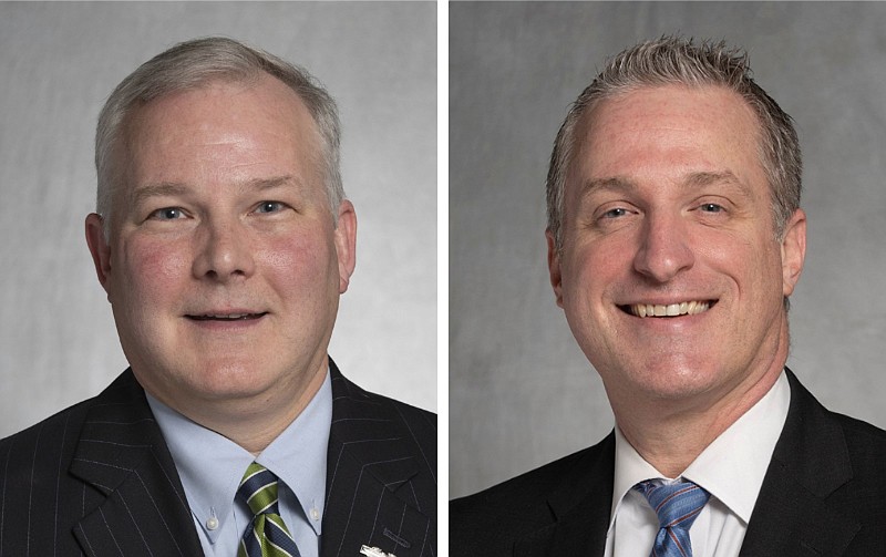 Arkansas Lt. Gov. Tim Griffin (left), a Republican, and Democrat Jesse Gibson, both candidates for the Arkansas attorney general's office, say they will examine radio and TV spending by the office if elected.