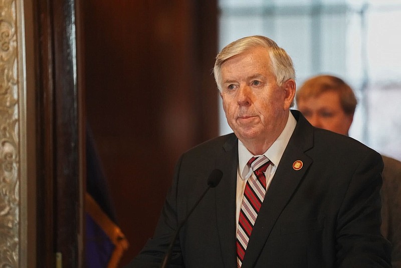 Missouri Gov. Mike Parson is seen addressing reporters on March 30, 2022. (News Tribune file photo)