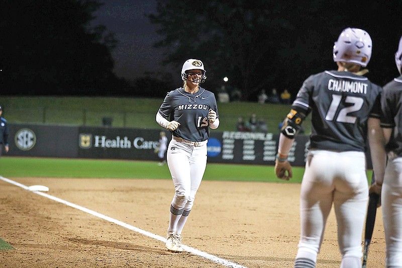 Kara Daly of Missouri heads toward home plate after hitting a solo home run in the top of the second inning Saturday night against Missouri State at Mizzou Softball Stadium (Hunter Dyke/Mizzou Athletics)