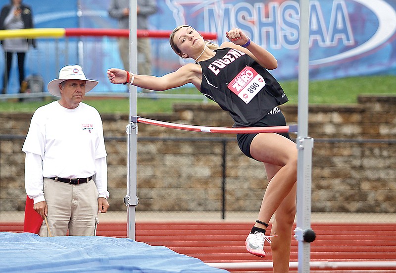 Eugene’s Olivia Angerer begins her jump over the bar during the girls high jump Saturday in the Class 2 track and field state championships at Adkins Stadium. (Greg Jackson/News Tribune)