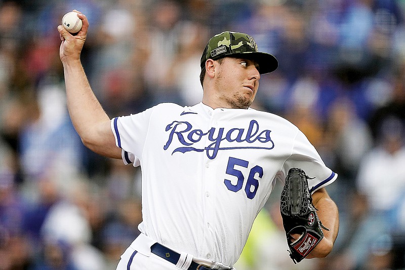 Royals pitcher Brad Keller throws to the plate during the second inning of Saturday night’s game against the Twins at Kauffman Stadium. (Associated Press)