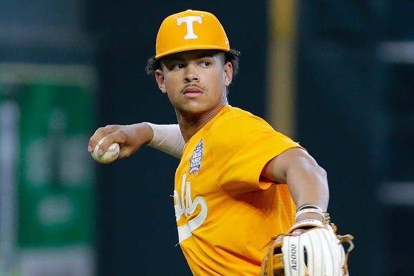 Tennessee infielder Trey Lipscomb during an NCAA baseball game against Oklahoma on Sunday, March 6, 2022, in Houston. (AP Photo/Michael Wyke).