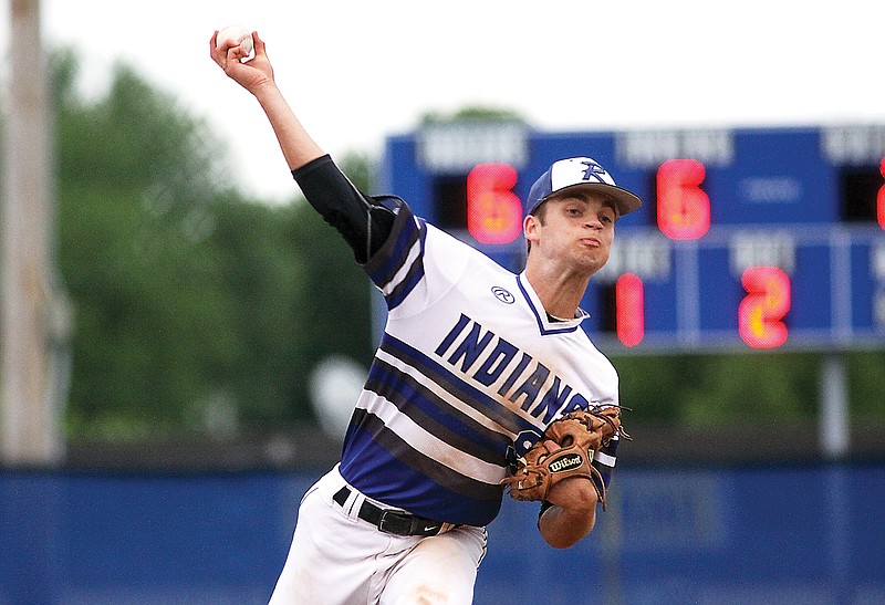 Russellville pitcher Charlie Miller throws the ball to the plate during the sixth inning of Monday’s Class 2 sectional game against Salisbury in Russellville. (Greg Jackson/News Tribune)