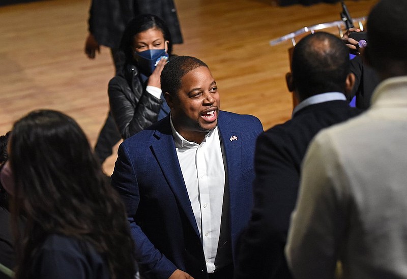 Chris Jones, a Democratic candidate for governor of Arkansas, speaks with event attendees during the kickoff rally for The Promise of Arkansas Tour in February 2022 at the Venue at Westwind in North Little Rock.
(Arkansas Democrat-Gazette/Staci Vandagriff)