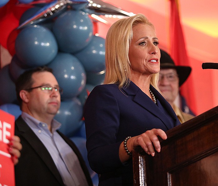 Leslie Rutledge, center, addresses supporters after winning the GOP primary for lieutenant governor at a watch party held in the Hamilton Room at the Marriott in Little Rock on Tuesday, May 24, 2022. (Arkansas Democrat-Gazette/Colin Murphey)