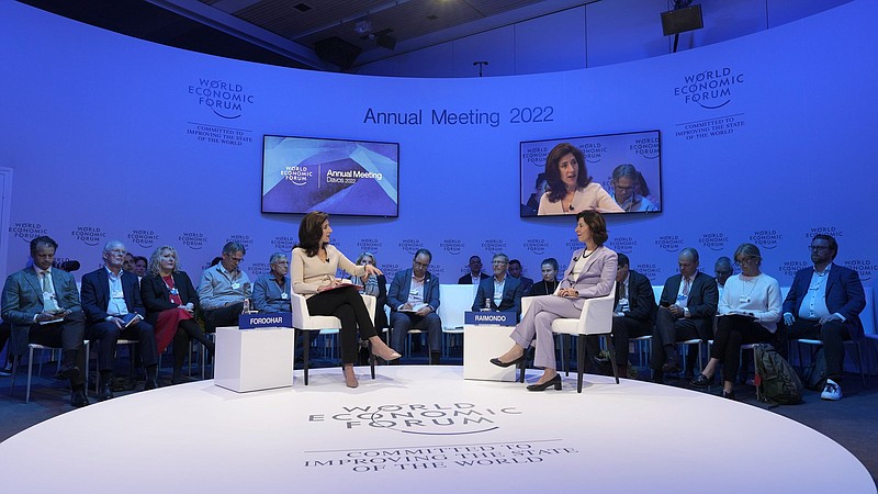 U.S. Secretary of Commerce Gina Raimondo (right) talks Wednesday to Rana Foroohar, Global Business Columnist and Associated Editor, Financial Times, during a panel session at the World Economic Forum in Davos, Switzerland. The annual meeting of the World Economic Forum ends today.
(AP/Markus Schreiber)