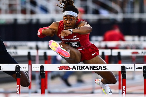 Arkansas hurdler Tre’Bien Gilbert competes during the USA Track and Field Championships on Friday, May 6, 2022, in Fayetteville.