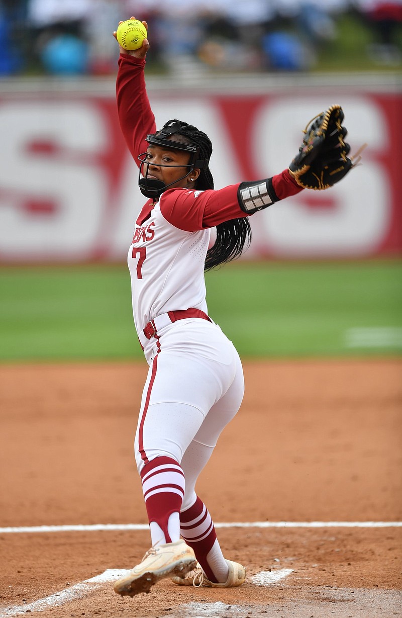 Arkansas right-handed pitcher Chenise Delce allowed 6 hits, struck out 6 and walked 1 while holding Texas to 1 run in a 7-1 victory in the opening game of the NCAA Fayetteville Super Regional on Thursday at Bogle Park in Fayetteville. More photos at arkansasonline.com/527utua/
(NWA Democrat-Gazette/Andy Shupe)