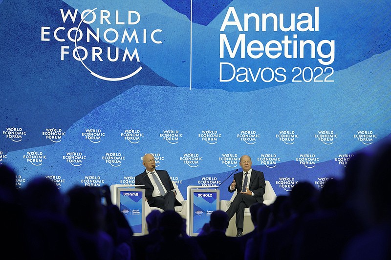 German Chancellor Olaf Scholz (right) sits besides Klaus Schwab, founder and executive chairman of the World Economic Forum, at the forum in Davos, Switzerland. The annual meeting ended Thursday.
(AP/Markus Schreiber)