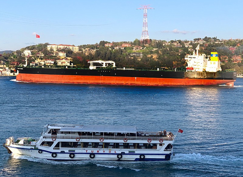 The Greek-flagged oil tanker Prudent Warrior (background) sails past Istanbul, Turkey, April 19, 2019. Iran’s paramilitary Revolutionary Guard seized two Greek oil tankers Friday in the Persian Gulf.
(AP/Dursun Çam)