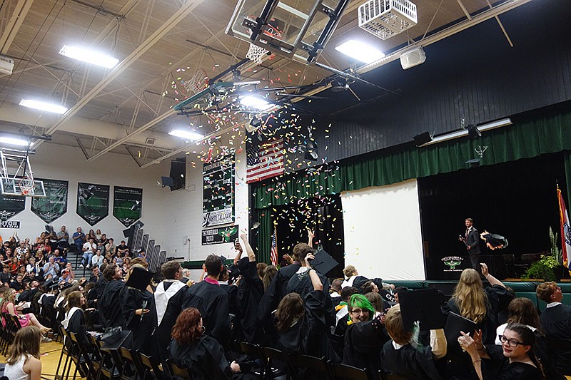 North Callaway graduates celebrate at the end of the ceremony Thursday evening. (Michael Shine/FULTON SUN)