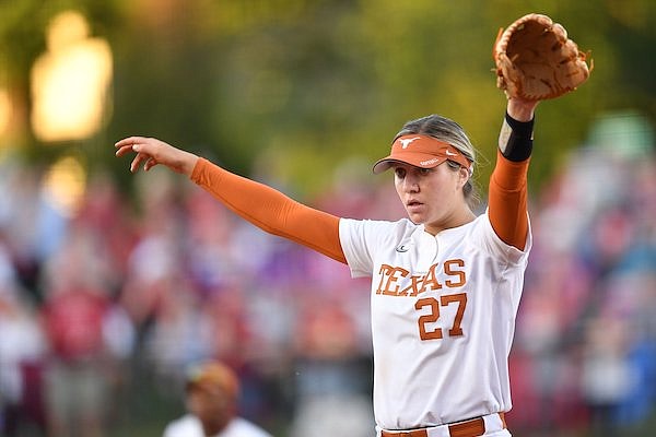 Texas pitcher Hailey Dolcini celebrates Friday, May 27, 2022, as she comes off the field after the final out of the Longhorns' 3-1 win over Arkansas in the NCAA Fayetteville Super Regional at Bogle Park.