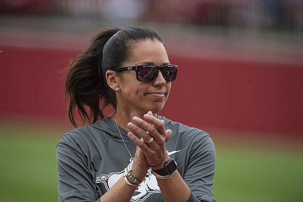 Arkansas coach Courtney Deifel is shown during an NCAA Tournament game against Texas on Saturday, May 28, 2022, in Fayetteville.