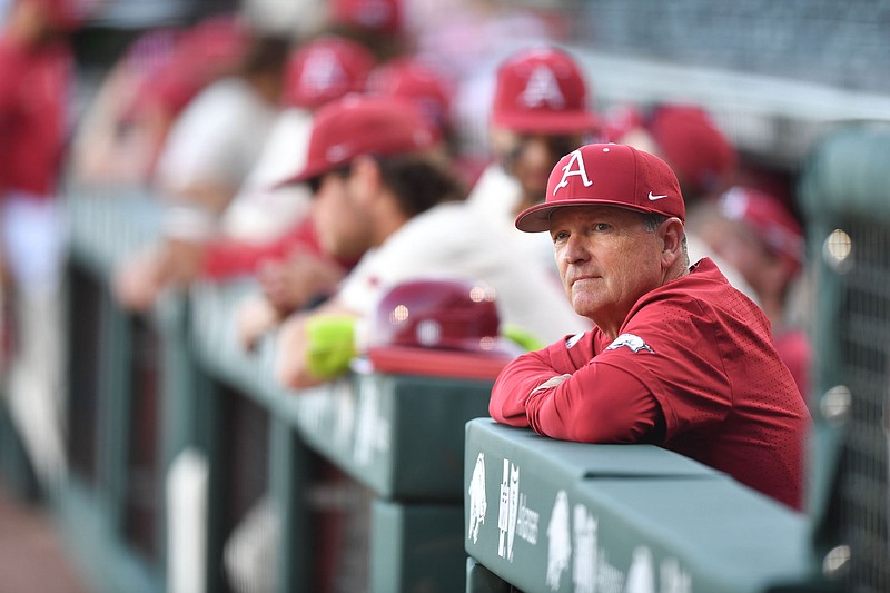 Arkansas coach Dave Van Horn watches from the dugout Tuesday, April 5, 2022, before the start of play against Central Arkansas at Baum-Walker Stadium in Fayetteville. Visit nwaonline.com/220406Daily/ for today's photo gallery. (NWA Democrat-Gazette/Andy Shupe)