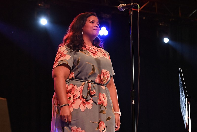 Mikayla Hartfield performs "Summertime" from "Porgy and Bess" during an Opera in the Rock “Let’s Talk Opera” discussion at The Hall in Little Rock on Wednesday, June 1, 2022. Hartfield was part of the discussion with Marcia Sells, chief diversity officer for the Metropolitan Opera, and Victoria Ramirez, executive director of the Arkansas Museum of Fine Arts. (Arkansas Democrat-Gazette/Stephen Swofford)