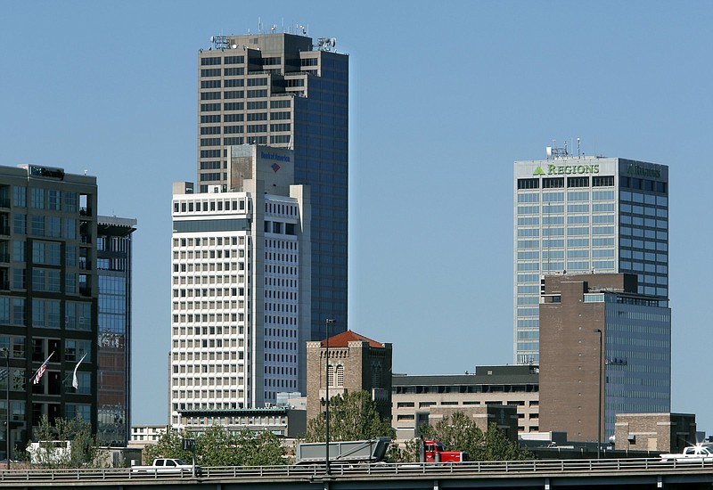 The Regions Center tower (right) as seen from the Clinton Presidential Park Bridge in this file photo.
(Arkansas Democrat-Gazette)