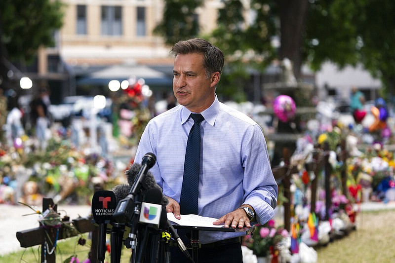 Texas state Sen. Roland Gutierrez, D-San Antonio, speaks during a news conference at a town square in Uvalde, Texas, on Thursday, June 2, 2022. Gutierrez said the commander at the scene of a shooting at Robb Elementary School was not informed of panicked 911 calls from inside the school building. (AP/Jae C. Hong)