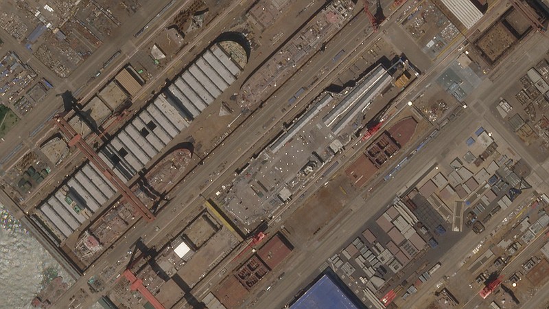 This satellite image taken on May 8 shows construction of China’s Type 003 aircraft carrier at the Jiangnan Shipyard northeast of Shanghai, China.
(AP/Planet Labs PBC)