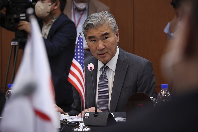 Sung Kim, U.S. special envoy for North Korea, speaks during a meeting with his South Korean counterpart Kim Gunn and Japanese counterpart Takehiro Funakoshi at the Foreign Ministry on Friday in Seoul, South Korea.
(AP/Kim Hong-Ji)