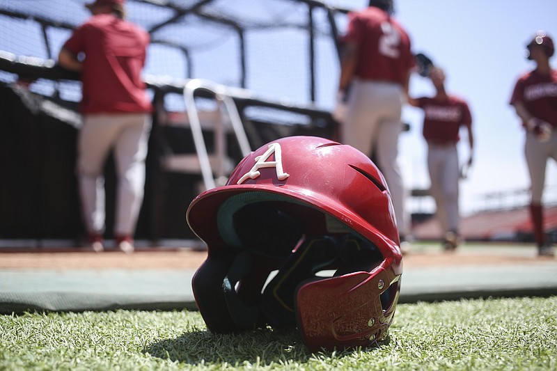 An Arkansas helmet is shown, Thursday, May 2, 2022 during a practice before the NCAA Baseball Stillwater Regional at O'Brate Stadium in Stillwater, Okla. Check out nwaonline.com/220603Daily/ and nwadg.com/photos for a photo gallery...(NWA Democrat-Gazette/Charlie Kaijo)