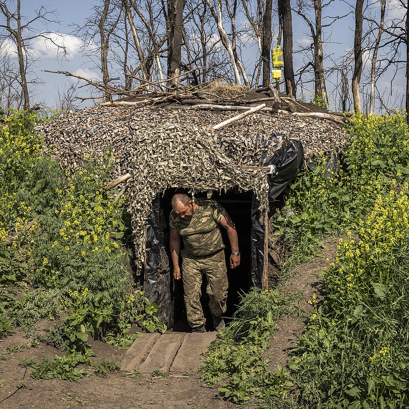 A Ukrainian soldier leaves a bunker Saturday near the front line in the eastern Donetsk region of Ukraine as Ukrainian troops tried to claw back territory and stave off a fierce Russian assault. More photos at arkansasonline.com/ukrainemonth4/.
(The New York Times/Ivor Prickett)